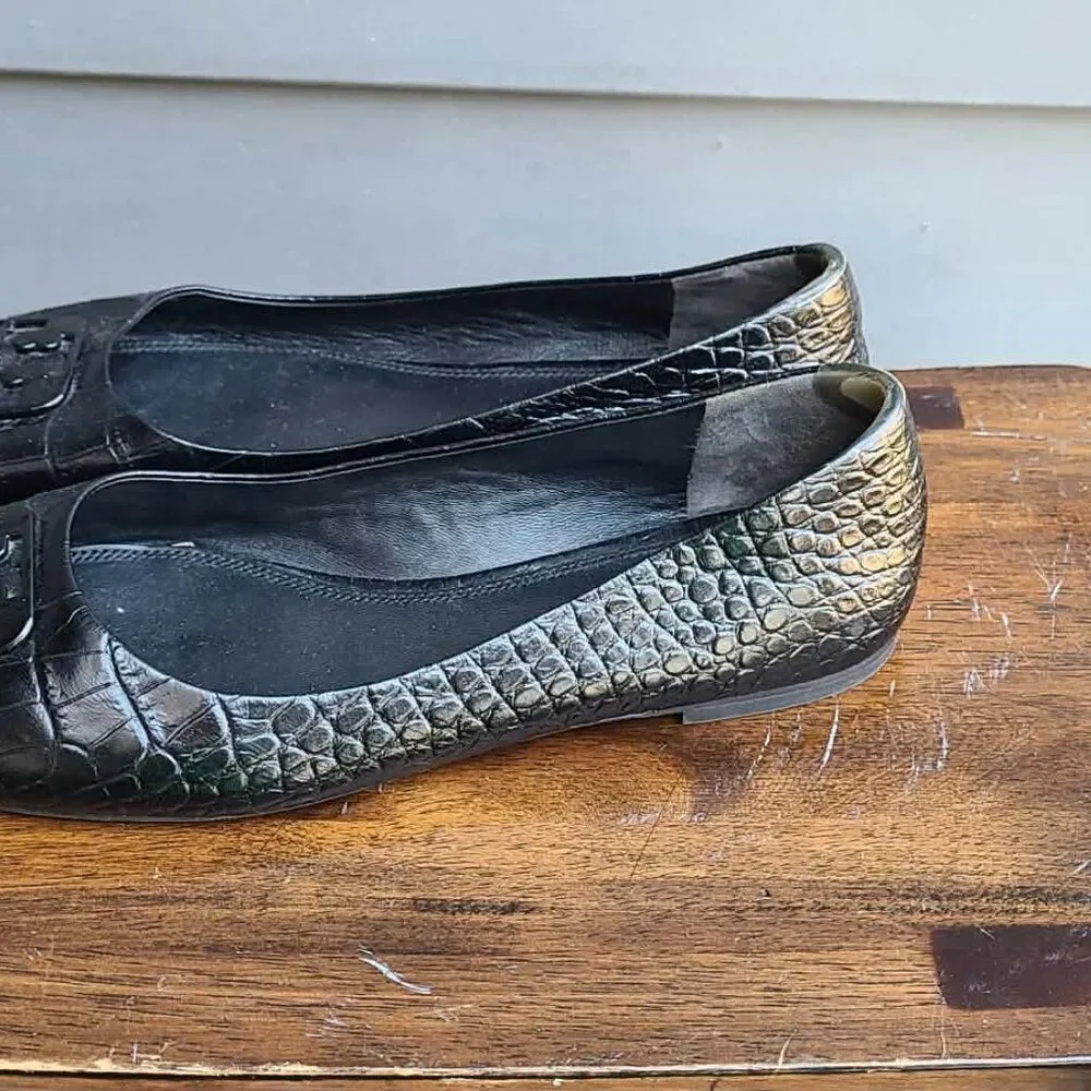 Tory Burch Georgia Black Leather Ballet Soft Croco Embossed Flats size 8 1/2